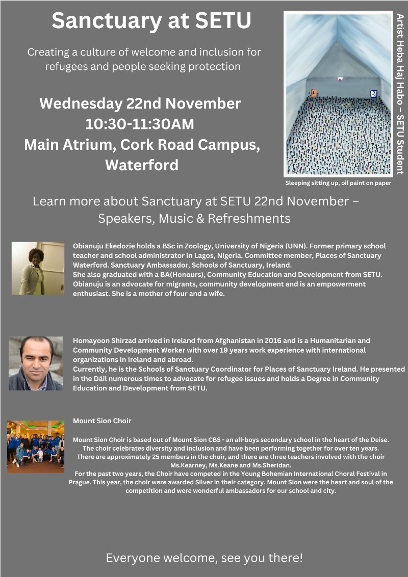Don O'Neill (@donjoneill) on Twitter photo Join us tomorrow <a href="/SETUIreland/">South East Technological University</a> Waterford, Carlow and Wexford 10:30-11:30 to learn about Sanctuary, and creating a culture of welcome and inclusion for refugees and people seeking protection. Wonderful lineup of speakers. All welcome! <a href="/SofSIreland/">Schools of Sanctuary Ireland</a> <a href="/POSIrl/">Places of Sanctuary Ireland</a> <a href="/EDI_SETU/">EDI SETU</a> <a href="/SETU_President/">SETU President</a> Join us tomorrow <a href="/SETUIreland/">South East Technological University</a> Waterford, Carlow and Wexford 10:30-11:30 to learn about Sanctuary, and creating a culture of welcome and inclusion for refugees and people seeking protection. Wonderful lineup of speakers. All welcome! <a href="/SofSIreland/">Schools of Sanctuary Ireland</a> <a href="/POSIrl/">Places of Sanctuary Ireland</a> <a href="/EDI_SETU/">EDI SETU</a> <a href="/SETU_President/">SETU President</a>