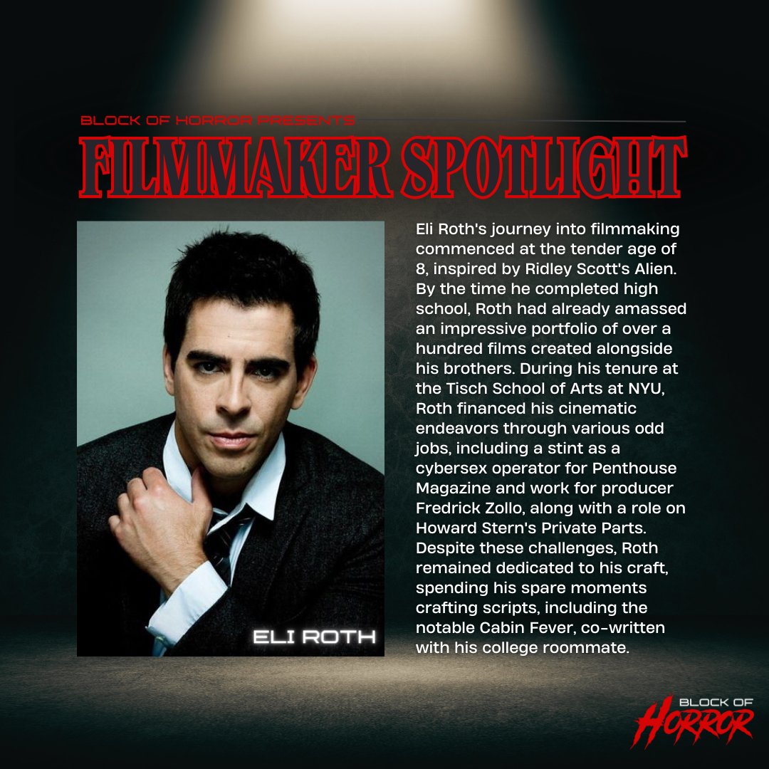 BlockofHorror's tweet photo. As the holiday season approaches, we're thrilled to unveil our Filmmaker Spotlight! Each month, we'll shine a light on a different maestro in the horror realm who has left an unforgettable mark. And for this month, let's give it up for the one and only - #EliRoth 🎬👻

(1/6)🧵 https://t.co/vlW2goLUhX