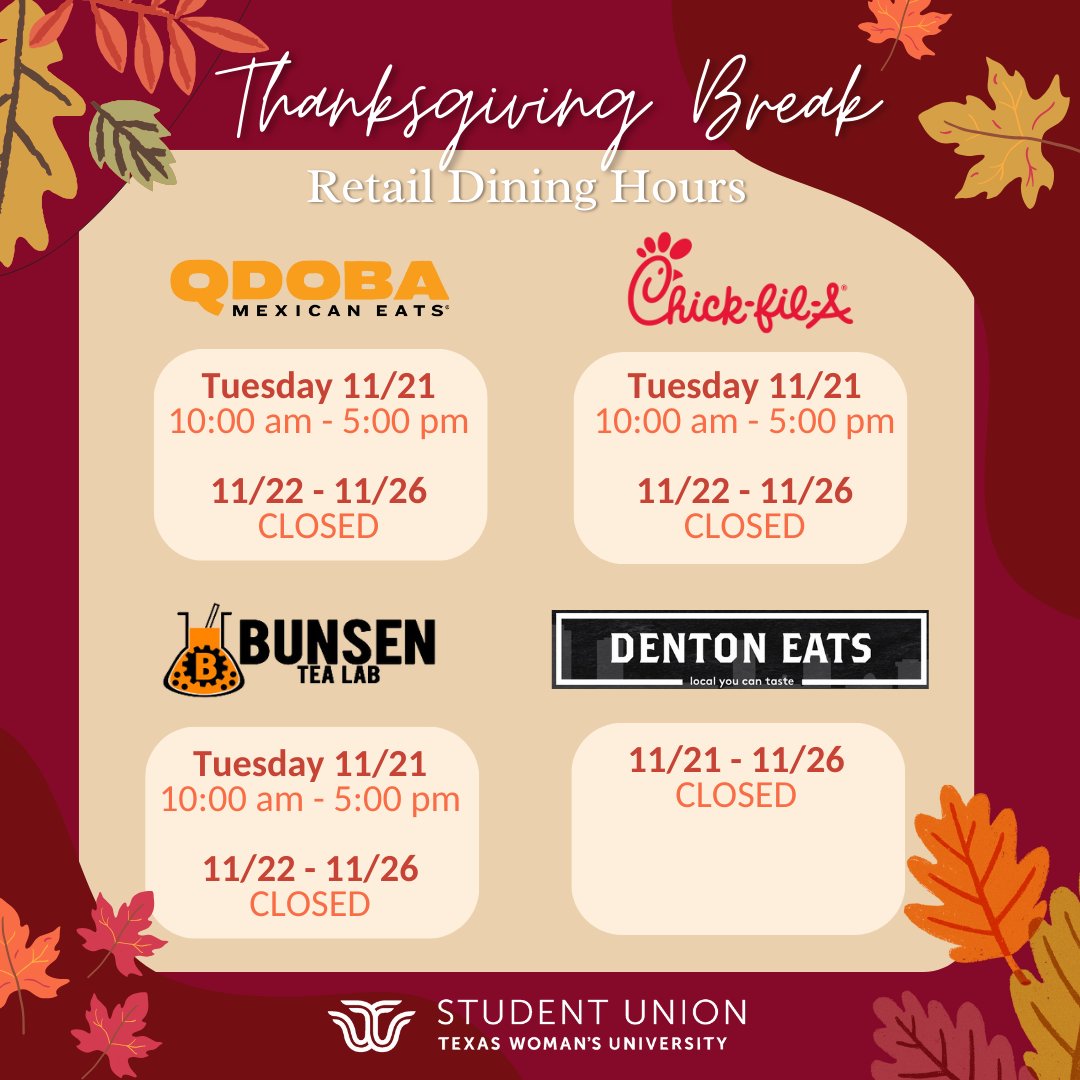 Heads up, Pioneers! Here are our retail dining hours within the Union for Thanksgiving break. Be safe, stay warm, and enjoy your break! 🦃🍂 #tdub #twustudentu