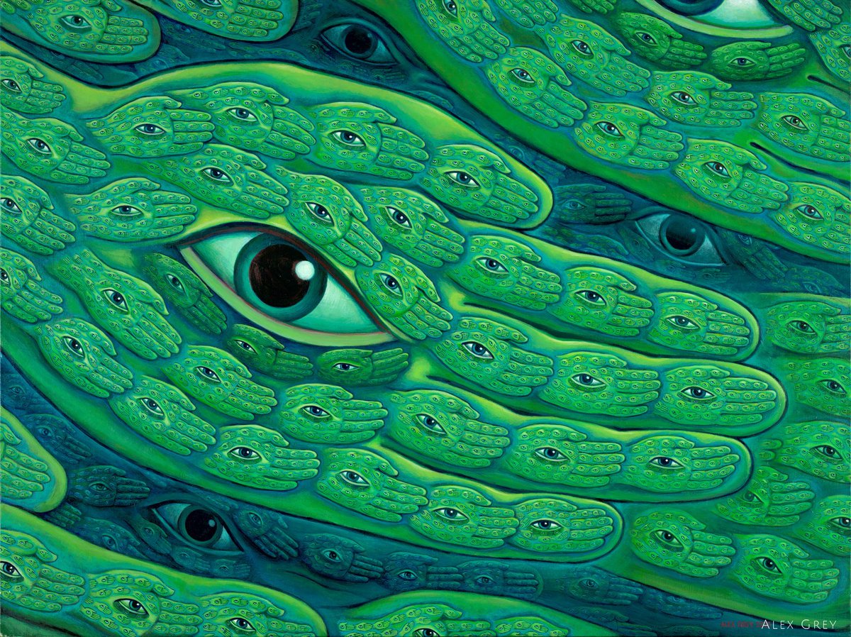 alexgreycosm's tweet photo. The Green Hand is a symbol of united vision and action to preserve the lifeweb. There are infinite fractally nested Bodhisattvic beings supporting plant life, providing oxygen,  feeding, housing, beautifying, and uplifting our earthly existence. https://t.co/Q98v0dX75c