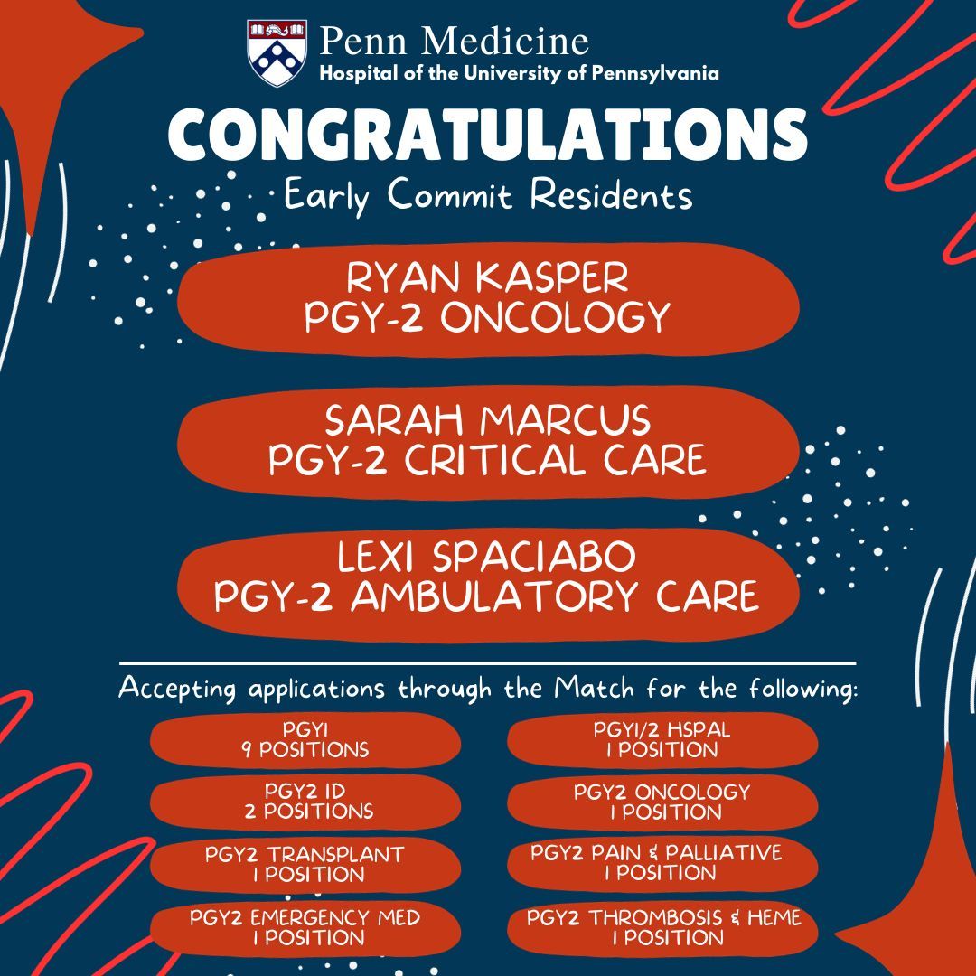 Congratulations to our residents who have early committed to PGY-2 programs at HUP! We'll be recruiting for our remaining open positions through the Match. Visit us at PPS if you will be at Midyear our check out our website to learn more! (link in bio) #TwitteRx