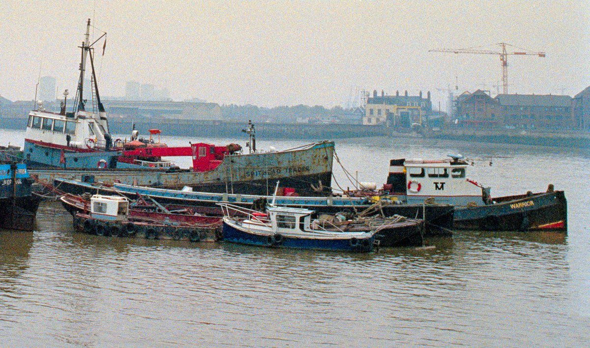 Vulcan (later Goliath), Spithead Trader and Warrior on Thames &amp; Medway towage moorings at Greenwich 1987

photo by Peter Marshall