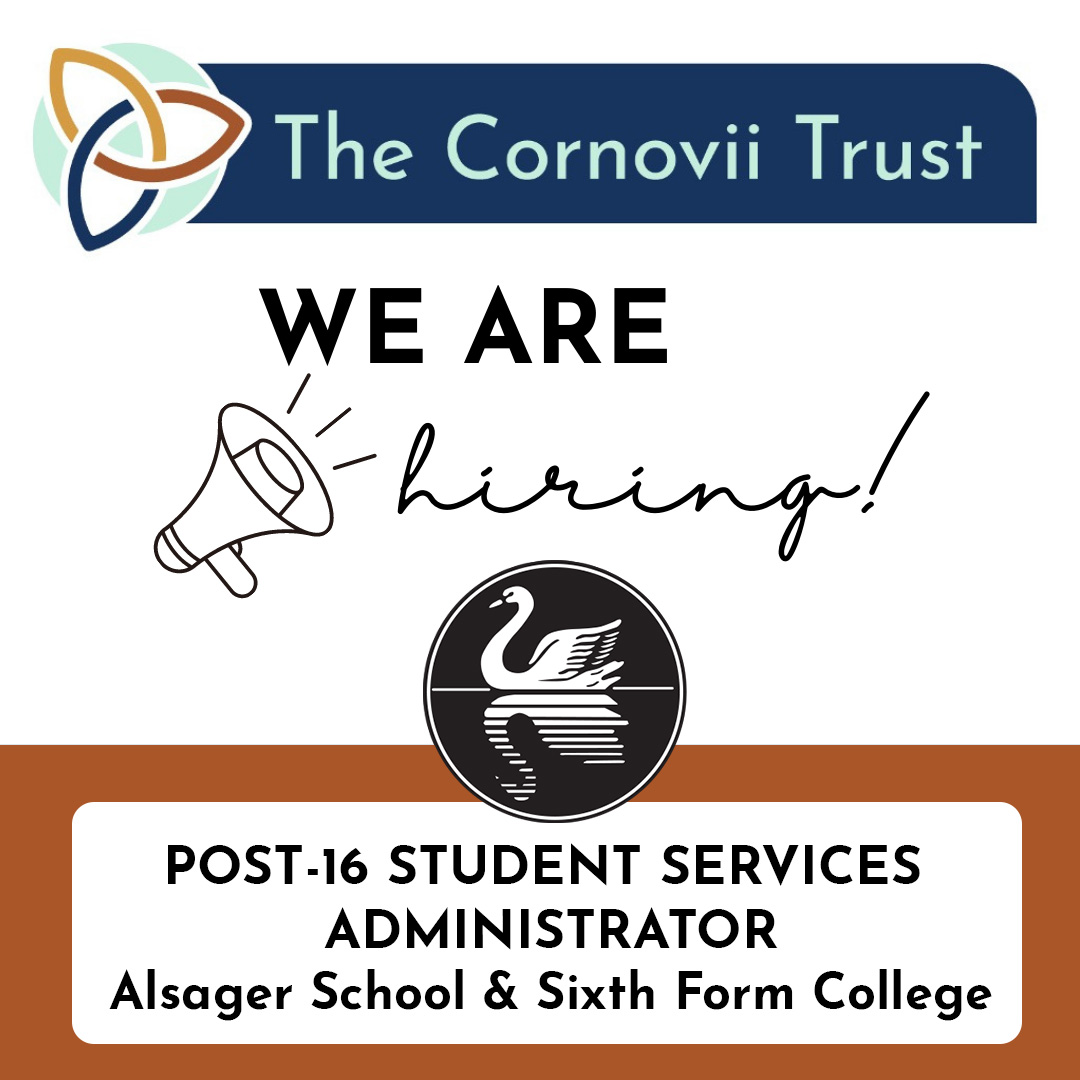 Alsager School and Alsager Sixth Form have a vacancy for a  POST-16 STUDENT SERVICES ADMINISTRATOR FOR PASTORAL CARE & WELFARE thecornoviitrust.org/vacancies 
#alsager #alsagersixthform #cheshireeastjobs #stokeontrentjobs #CheshireJobs #schooljobs