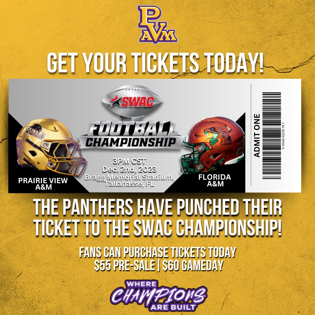 PVAMUPanthers's tweet photo. PVAMUFBALL: The Panthers football team has clinched a spot at the SWAC Championship. Don't miss out and secure your presale ticket for $55! Day-of-game tickets are $60. So grab your ticket today! Purchase tickets by calling 850.599.3141 https://t.co/6WaolPTfX8