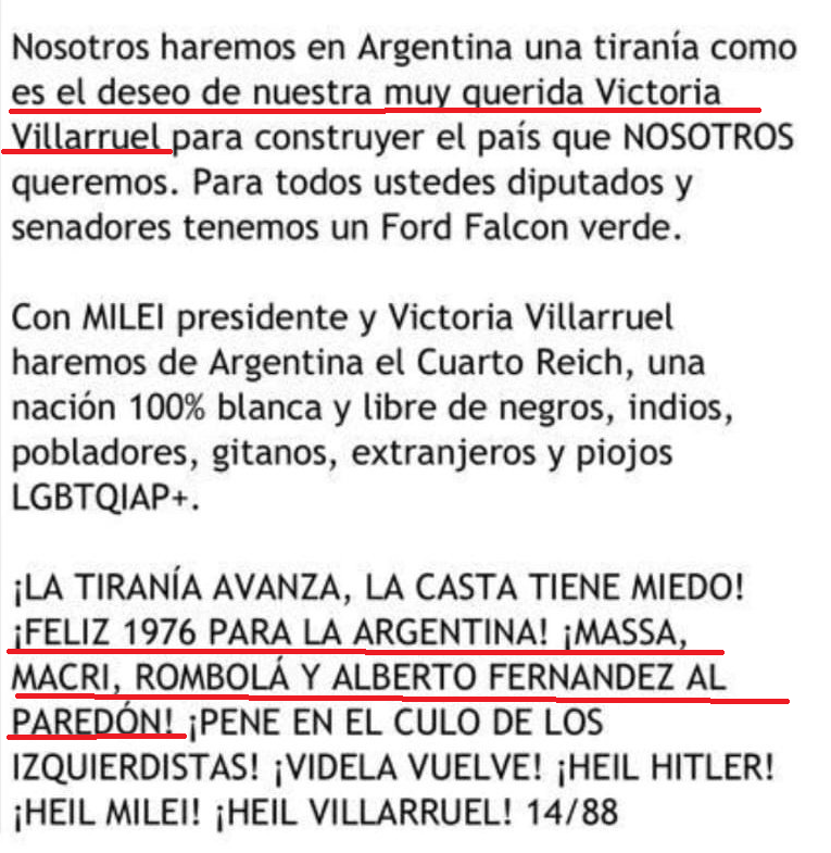 Avisen cuántas entrevistas más tengo que seguir esperando para que Victoria Villarruel repudie estos mensajes, que la gente envía con total tranquilidad a todos los Diputados y Senadores de la Nación.