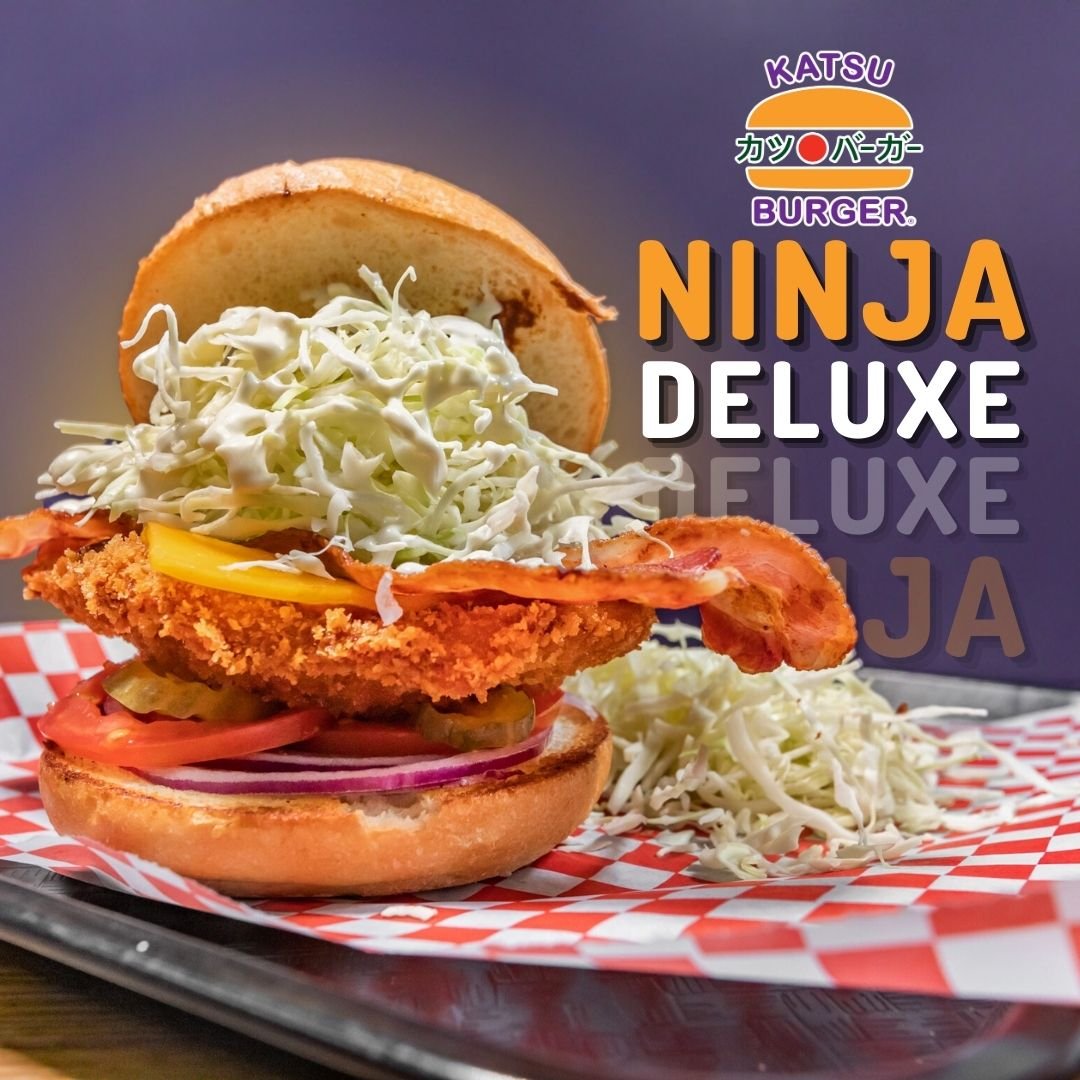 KatsuBurger's tweet photo. Meet our Ninja Deluxe! 🥋 With katsu, cheddar cheese, bacon, Japanese mayo tonkatsu sauce, and veggies, it's deliciously good! 

Get your jaw ready for the first bite! 🍔
https://t.co/NQj58Lru1k https://t.co/gAavgXCFVd