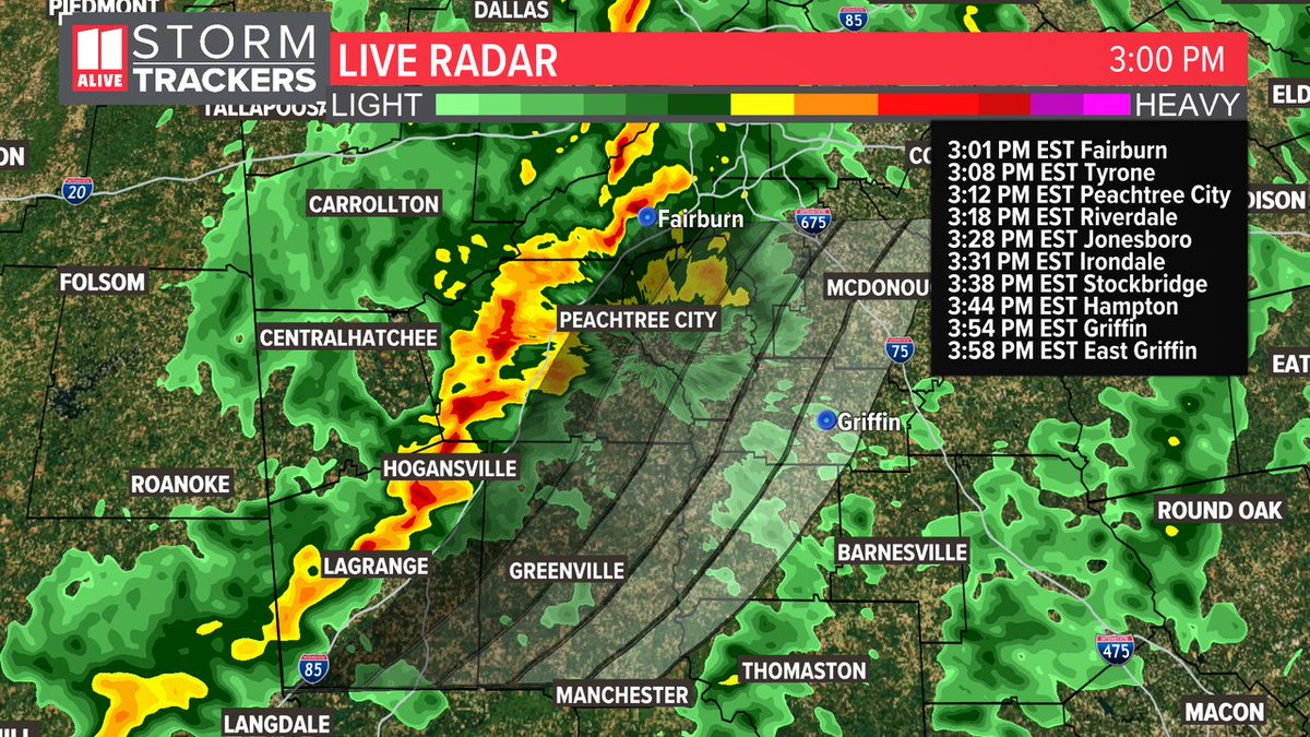 Gusts of 40 to 50 mph are possible as these storms move east, nearing I-85 now.