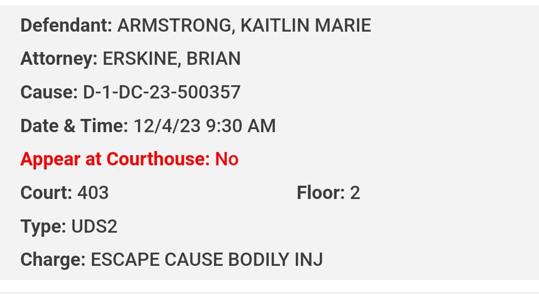 #KaitlinArmstrong
#Traviscounty
#AustinTx
Scheduled for Dec. 4, 2023, Armstrongs escapee with bodily injury trial with defense attorney Brian Erskine. 
traviscountycriminalattorney.com