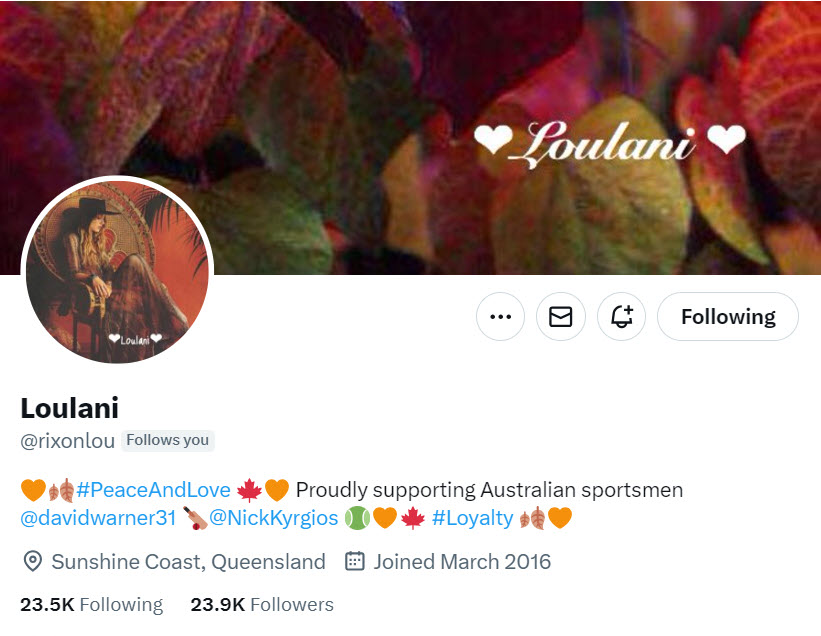 ❤️ Thanks for your continued support, Loulani @rixonlou 🧡🍂#PeaceAndLove 🍁🧡 Proudly supporting Australian sportsmen @davidwarner31 🏏 @NickKyrgios 🎾🧡🍁 #Loyalty 🍂🧡 Sunshine Coast, Queensland