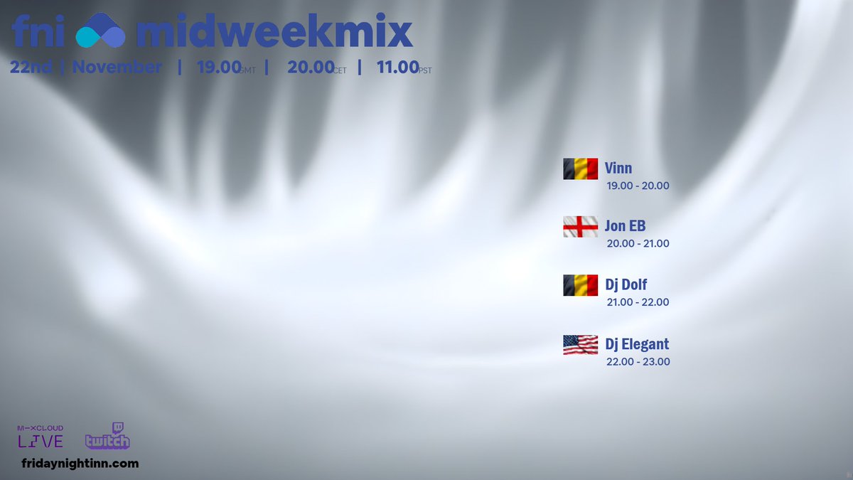 fridaynightinn's tweet photo. Fni presents : MidWeekMix
22nd November 2023
19.00 GMT / 20.00 CET / 11.00 PST
https://t.co/TwQ4NjO4xo https://t.co/ZMxq4X1p3O