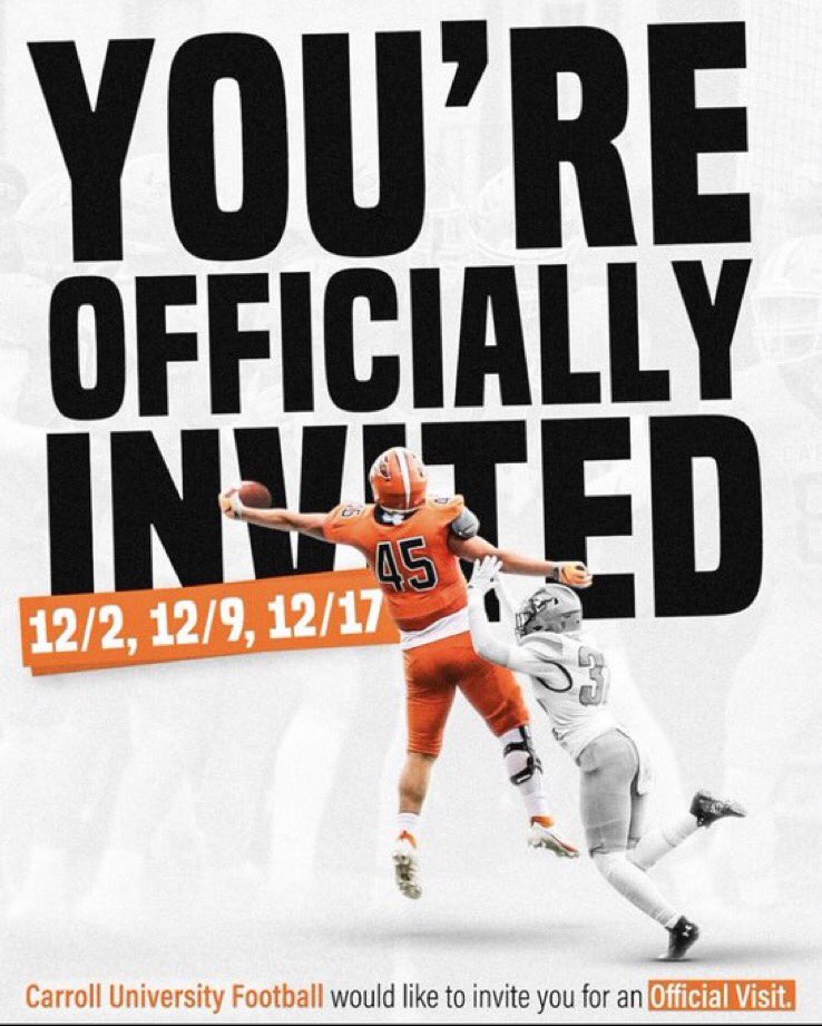 Just received an official invite to <a href="/piofootball/">Carroll U Football</a>! <a href="/MatthewAmburge2/">Coach Matthew Amburgey</a> <a href="/Redbank_fb/">Red Bank HS Football</a> <a href="/CoachBuddah/">Mike Budziszewski</a> @CoachBThompson_ <a href="/FBCoachGarcia/">Cade Garcia</a> @coach_bunofsky <a href="/CoachHolleyCU/">Garren Holley</a> <a href="/CoachPfeffer/">Zak Pfeffer</a> @olcoach_ack