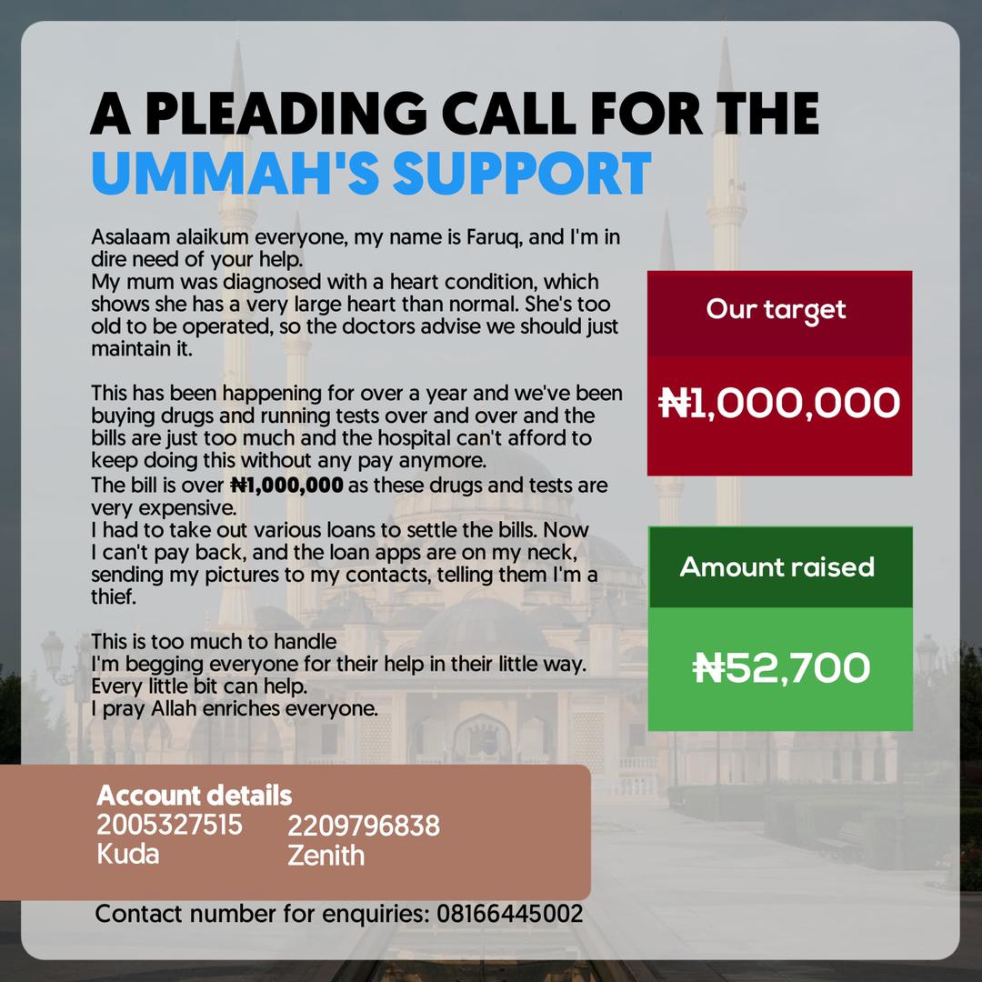 adetohlar's tweet photo. @__Folarin__ Urgent Appeal: Faruq seeks your support for his Mom's heart condition. Medical bills have piled up, loans taken, and the burden is overwhelming. Every contribution matters. Please help and keep them in your prayers. 🙏 #SupportFaruq’sMom #NoamountistooSMALL https://t.co/tMllfYXta9