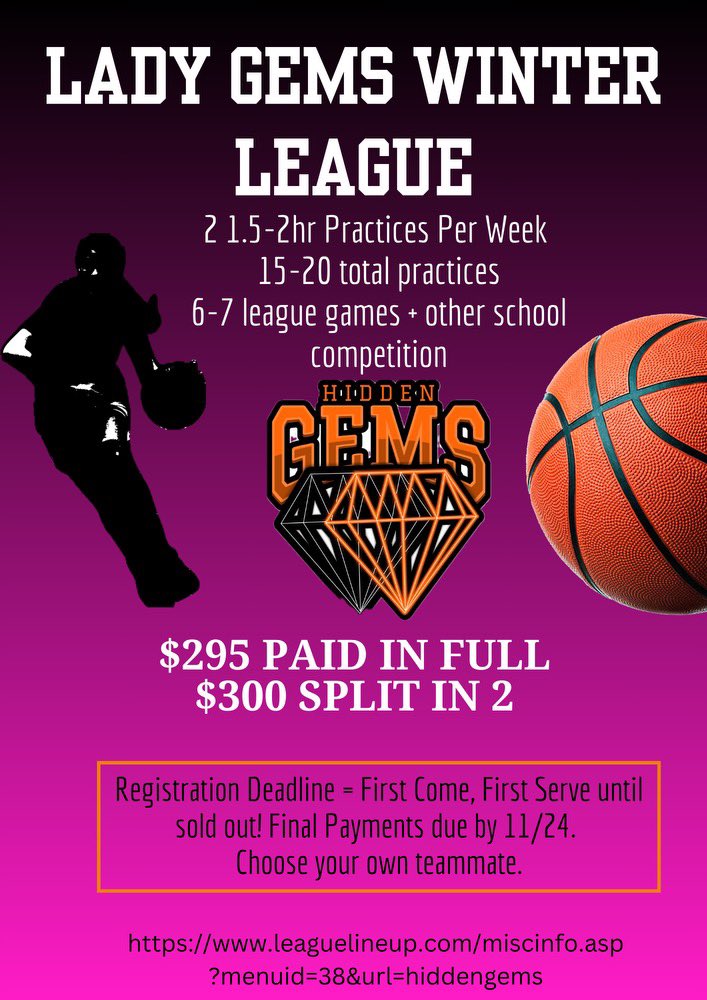 hiddengemsbball's tweet photo. Boys 5th-8th = 11 spots left!
Girls 5th-8th = 4 spots left! #WhenItsOverItsOver
Hidden Gems Winter League is open for Boys in 5th-8th + 9th-12th Grades too! Hidden Gems also has an ALL GIRLS team & games are versus ALL GIRLS teams as well! These are for any & all kids who need a team due to not having 1 or being cut from 1.
* YOU can pick YOUR team of choice and some of your teammates too if you choose!
* YOU choose YOUR preferred practice locations!
* Our priority is improvement through growth and development focused on each player’s progression from beginning to end!
* MANY kids from this league see rapid improvement and end up making their respective teams the following year!
* Some find this league to be their actual preference over a very limited school ball role with little to no repetitions or game play on some school teams for them.
INFORMATION: https://t.co/JCxWRfRZeC
REGISTRATION: https://t.co/pxICLMc21E
#TheHiddenGems #HiddenGems #TeamHiddenGems #TheHiddenGemsWay #FocusedOnProgression #GrowthAndDevelopment #ExposureAndImprovement #ValueWithValues #DemGems #3Stripes #Adidas #ShineOnEm