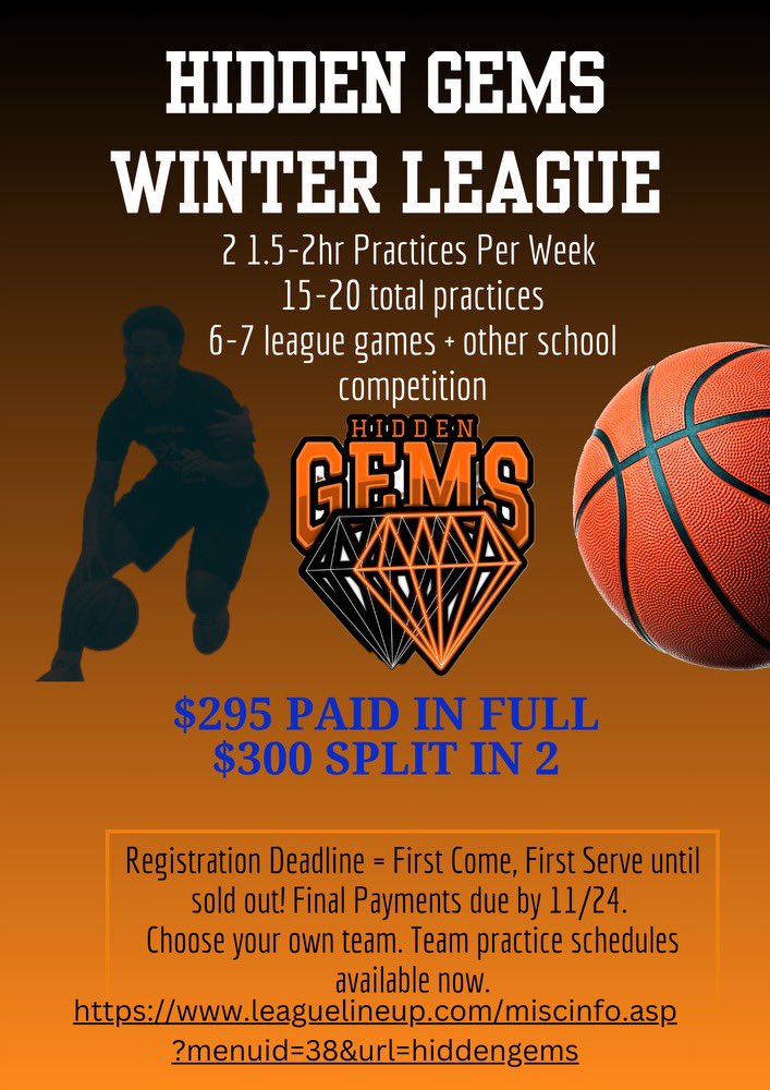 hiddengemsbball's tweet photo. Boys 5th-8th = 11 spots left!
Girls 5th-8th = 4 spots left! #WhenItsOverItsOver
Hidden Gems Winter League is open for Boys in 5th-8th + 9th-12th Grades too! Hidden Gems also has an ALL GIRLS team & games are versus ALL GIRLS teams as well! These are for any & all kids who need a team due to not having 1 or being cut from 1.
* YOU can pick YOUR team of choice and some of your teammates too if you choose!
* YOU choose YOUR preferred practice locations!
* Our priority is improvement through growth and development focused on each player’s progression from beginning to end!
* MANY kids from this league see rapid improvement and end up making their respective teams the following year!
* Some find this league to be their actual preference over a very limited school ball role with little to no repetitions or game play on some school teams for them.
INFORMATION: https://t.co/JCxWRfRZeC
REGISTRATION: https://t.co/pxICLMc21E
#TheHiddenGems #HiddenGems #TeamHiddenGems #TheHiddenGemsWay #FocusedOnProgression #GrowthAndDevelopment #ExposureAndImprovement #ValueWithValues #DemGems #3Stripes #Adidas #ShineOnEm