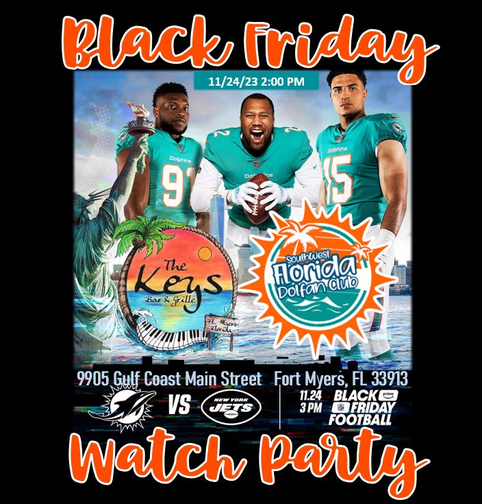 Our Miami Dolphins take on the New York Jets at MetLife Stadium on Black Friday 11/24 at 3 PM. The watch party starts at 2 PM at The Keys Bar and Grille. All are welcome. No cover charge! Tag your local Dolfan friends! Fins up!