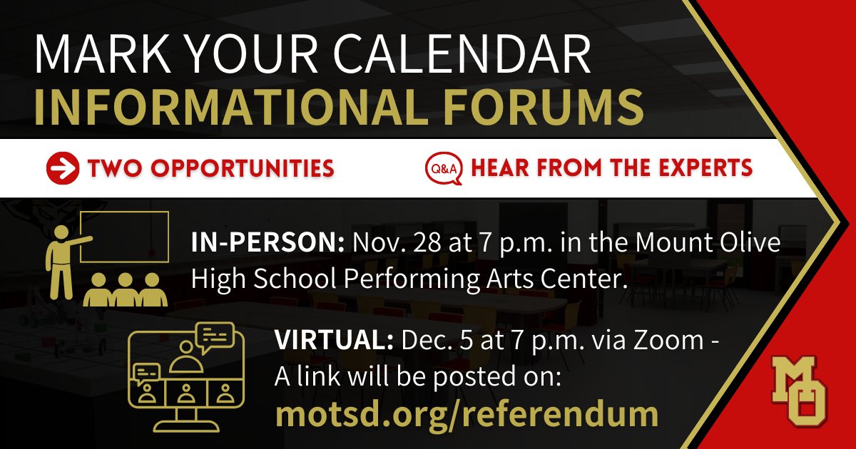 Get all the facts and details about the bond referendum at two planned information forums. Bring your questions for the district administrators, staff members, and a panel of experts who worked together to develop the proposal. We hope to see you there! motsd.org/referendum