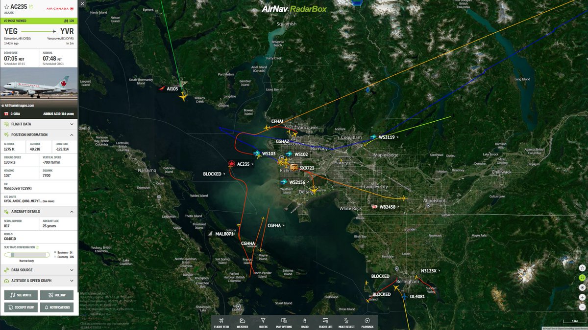 AirNavRadar's tweet photo. Air Canada #AC235 from Edmonton declaring an emergency via Squawk 7700 🚨 is on final approach to Vancouver (YVR): https://t.co/oey68P12xj https://t.co/OZ8zwMZJe3