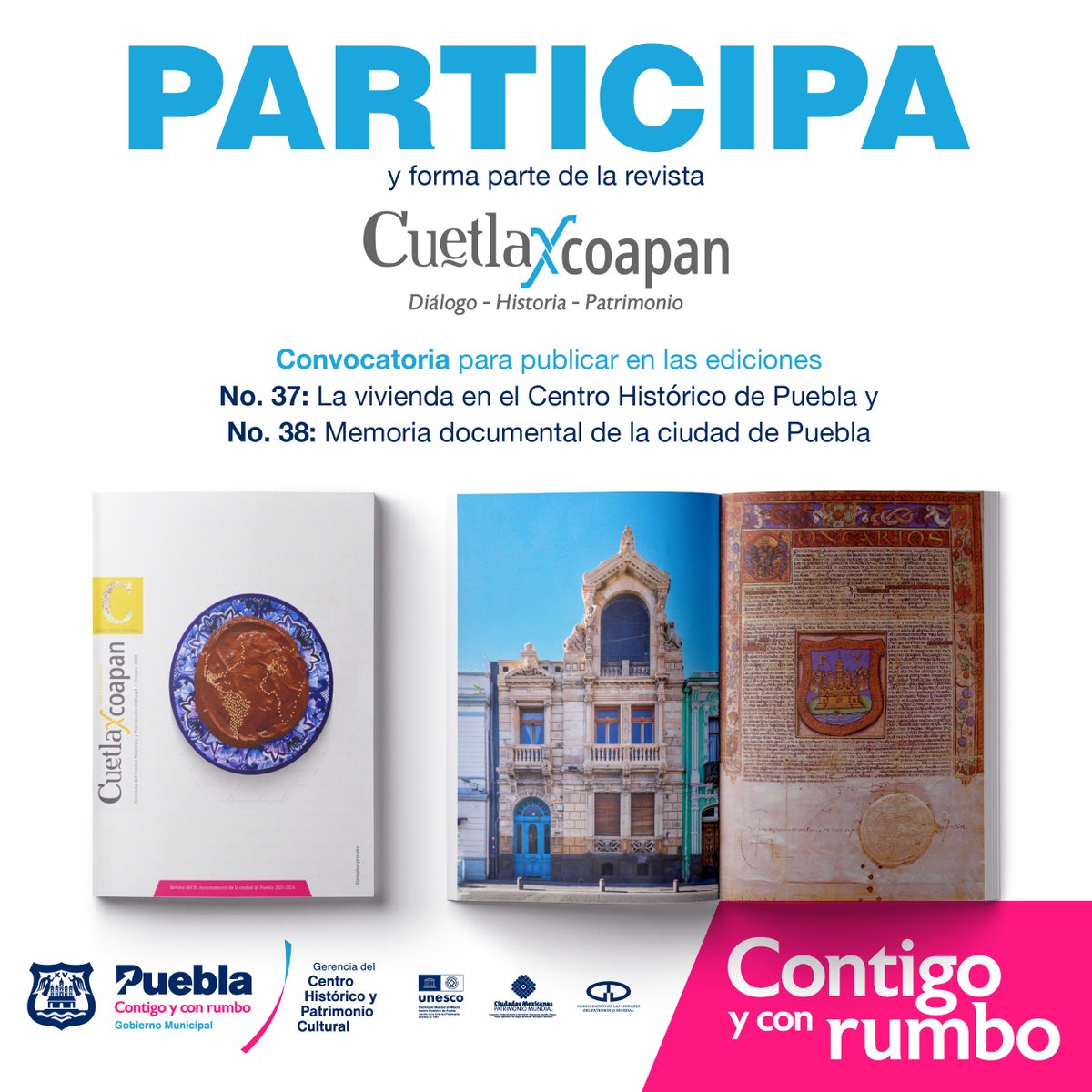 gerenciachpue's tweet photo. 📣 CONVOCATORIA ABIERTA 📣

Buscamos autoras y autores que se sumen a escribir más sobre la historia y la cultura de la ciudad a través estas dos temáticas:

🏠 La vivienda en el Centro Histórico de Puebla.
📜 Memoria documental de la ciudad de Puebla.

#ContigoYConRumbo

🧵 1/2 https://t.co/VvXyCWwVc2