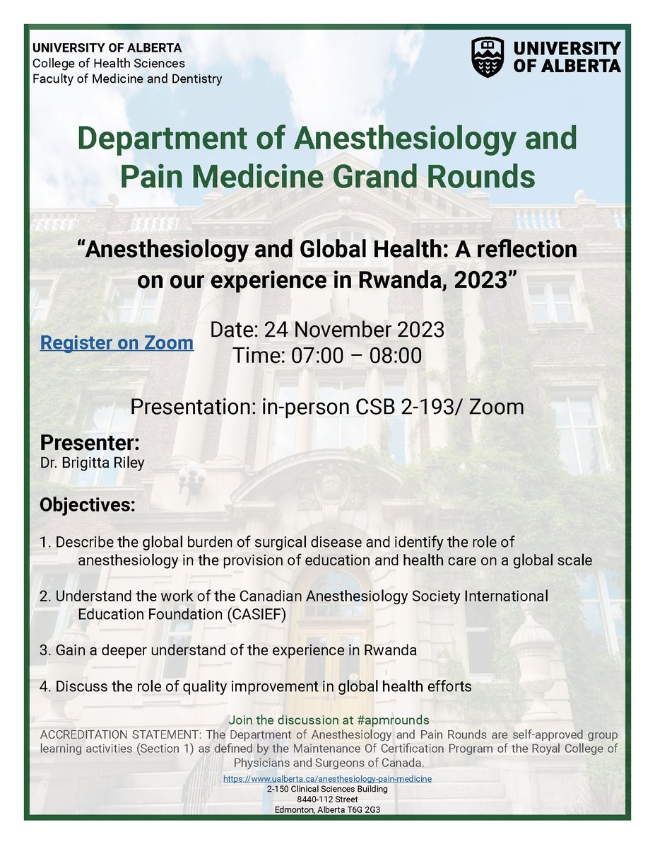 UAlbertaAnesth's tweet photo. Please plan to join us Friday November 24th for Anesthesiology and Pain Medicine Grand Rounds. Dr. Brigitta Riley will be presenting "Anesthesiology and Global Health: A reflection on our experience in Rwanda, 2023" #APMrounds https://t.co/BH2BBl0gyP