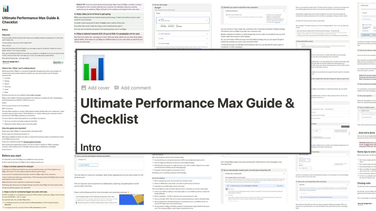 I wrote a massive guide &amp; checklist to master the Performance Max campaign in Google Ads.

&amp; When I say massive I mean MASSIVE. 

Could charge a lot of $$$ for this but I'll release the full resource FOR FREE in two hours 👀