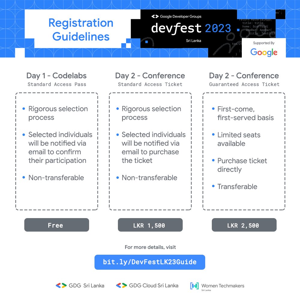 GDGLK's tweet photo. Mark your calendars for the opening of DevFest Sri Lanka registrations on the 23rd of November 2023.
Our registration Guidelines are LIVE! Follow https://t.co/djpzuKzwOM to
have a look!
#DevFestSL2023 #TechInnovation #RegistrationGuidelines #DevFest #DevFestSL https://t.co/c42nr3UTAb