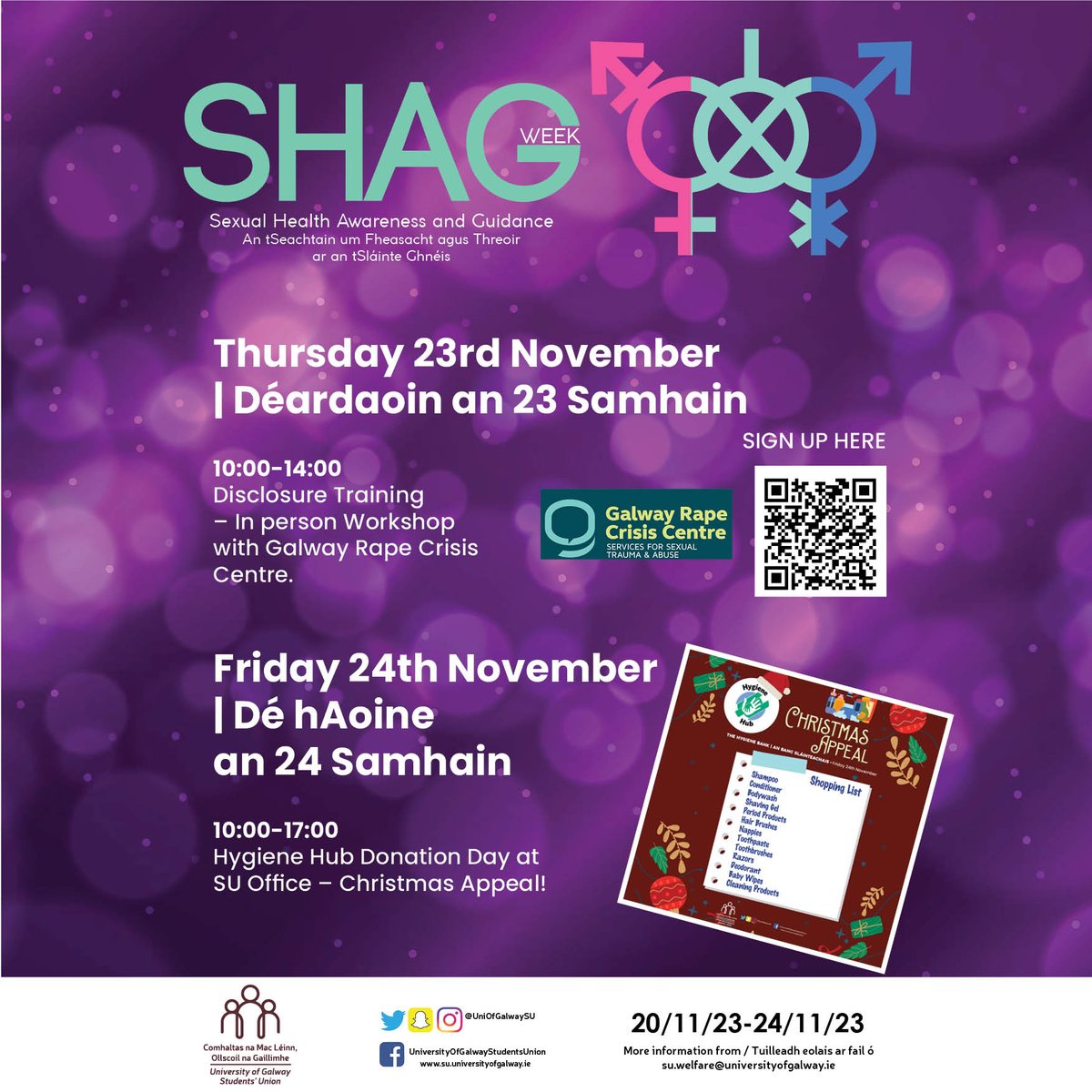 UniOfGalwaySU's tweet photo. Still spaces left tomorrow for 

❤️Kink 101 Workshop 
❤️Speed Friending (with benefits)

+ 1 space on Thursday for 
❤️Disclosure Training 

Info + Sign Up Here:
https://t.co/m55S5ILX1H

#SHAGWeek #DoChomhaltas #UniversityofGalway https://t.co/lYSwsJwis6
