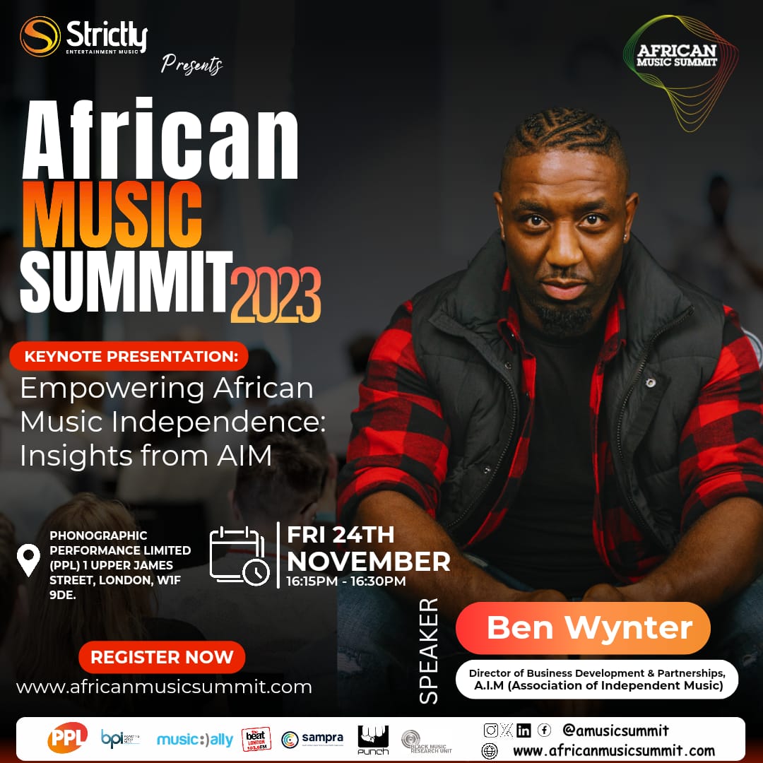 AIM’s Director of Business Development & Partnerships, @BillionaireBen will be speaking at the event: 'Keynote Presentation: 'Empowering African Music Independence: Insights from AIM' 🗓️Friday 24th Nov 2023 🕣16:15-16:30 📍PPL Music offices #AMS