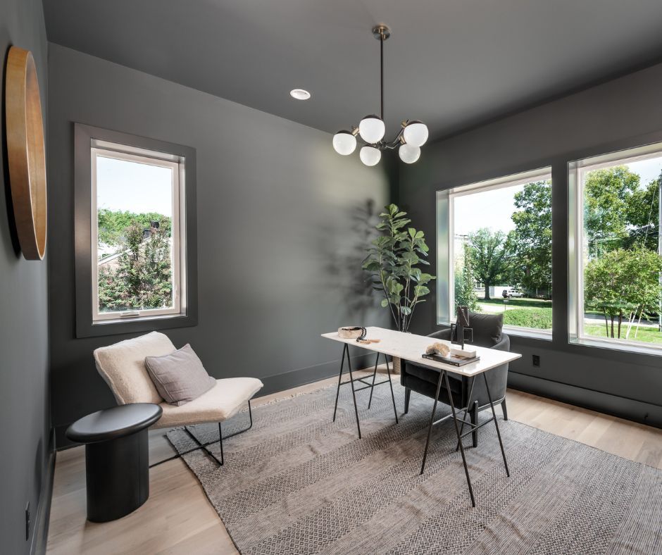 Dark walls, deeper focus: Sophistication meets productivity in your home office. #HomeOfficeVibes #SophisticatedStyle #DesignInspiration #HomeOfficeGoals #InteriorDesign #HomeDecor #OfficeDesign #ChicSpaces #ElegantInteriors #LuxuryLiving #NashvilleDesign #TheSoulfulHome