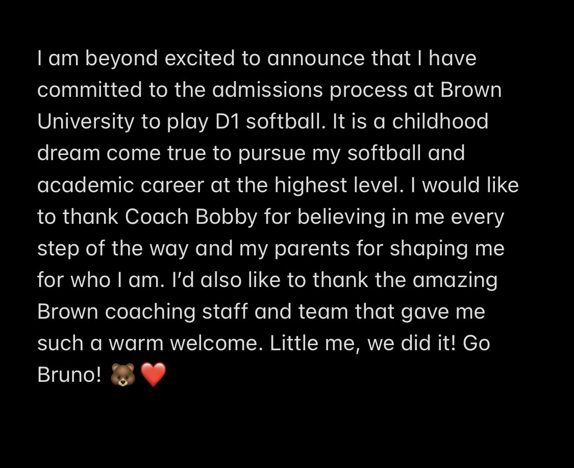 torii_ramirez25's tweet photo. I’m beyond excited to announce my commitment to the admissions process at Brown University to play D1 softball! Little me, we did it! Go Bears!  🐻 ❤️ https://t.co/lqZ8EdqhVw