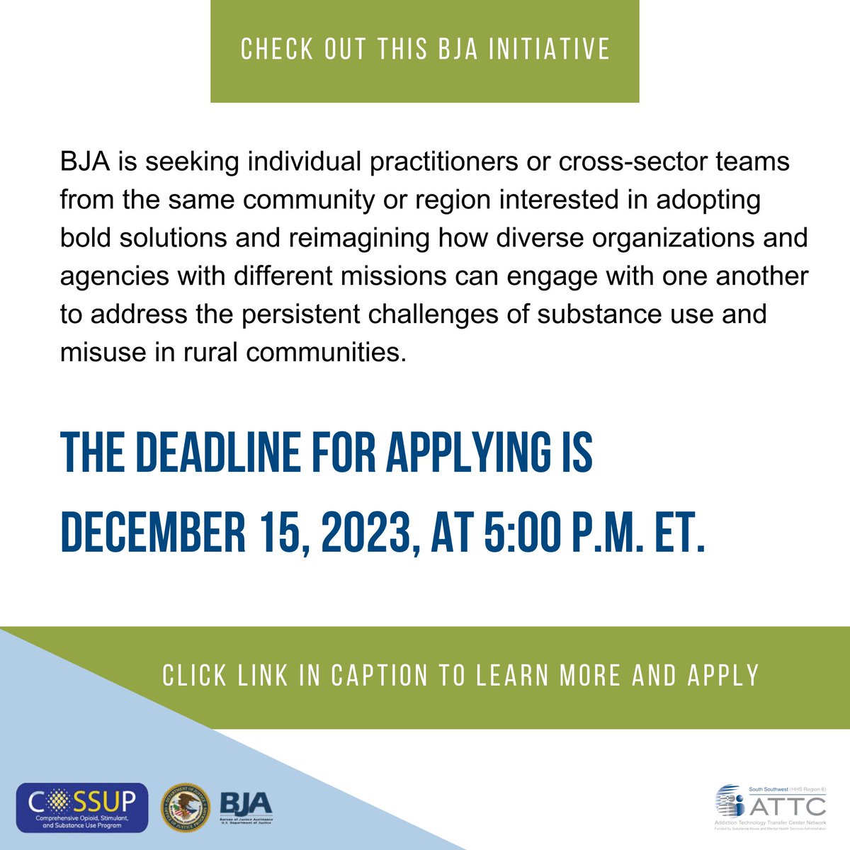 sswattc's tweet photo. Check out the Reaching Rural Initiative! A year-long program through the @DOJBJA 
You'll receive coaching and participate in skills-building workshops. The deadline for applying is December 15, 2023. Click the link in the bio to learn more.

#ofinterest #reachingruralinitiative https://t.co/s4woCDb5WH