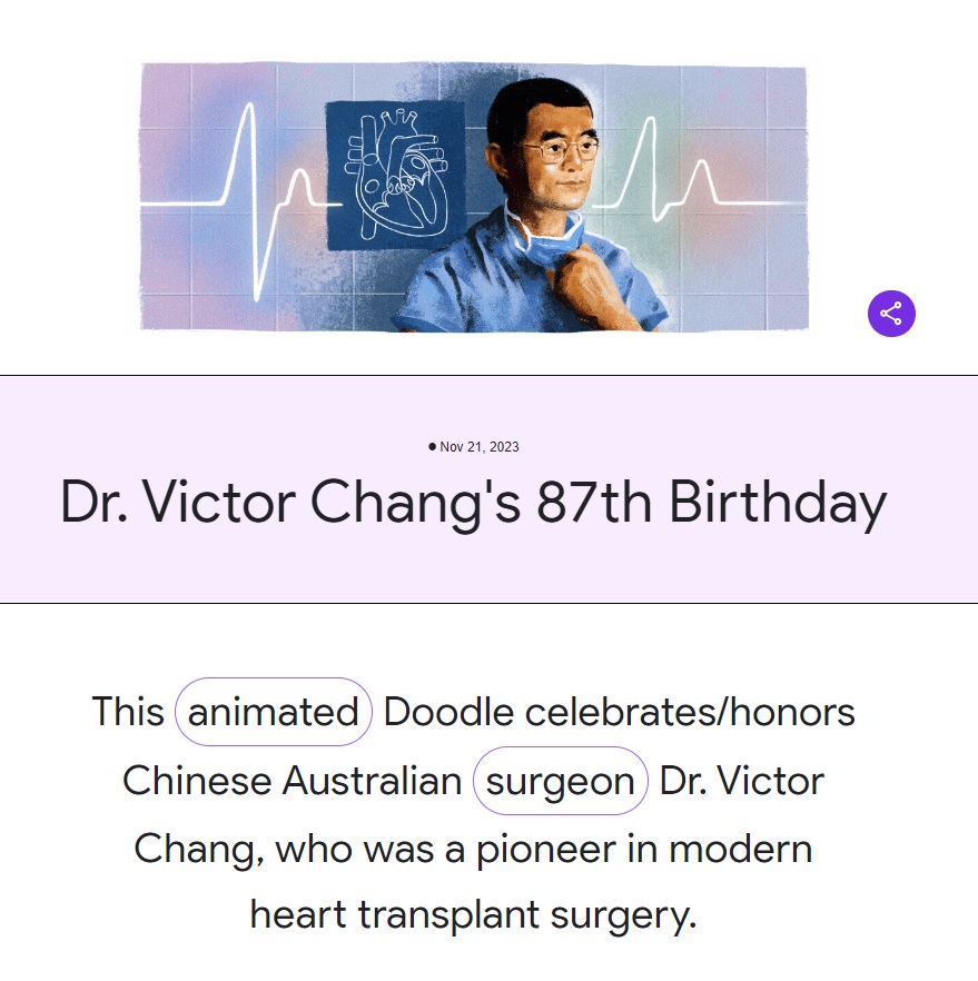 Today 21 November, @Google  #doodle  celebrates/honors Chinese Australian #surgeon Dr. Victor Chang, who was a pioneer in modern heart transplant surgery.

#Heart #transplant #surgery #hearttransplant #hearttransplantsurgery

🎂 💖