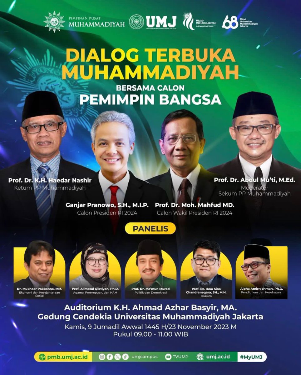 AlphaARachman's tweet photo. Yuk, perluas informasi tentang Calon Presiden dan Calon Wakil Presiden Republik Indonesia untuk Pemilu 2024, melalui Dialog Terbuka bersama Calon Presiden dan Calon Wakil Presiden Republik Indonesia.

Pilih kota terdekatmu untuk hadir atau saksikan siaran langsung Youtube Muhammadiyah Channel dan TVMu.

______
Twitter: muhammadiyah
Fanspage: Persyarikatan Muhammadiyah
IG: Lensamu
Tiktok: Lensamu
Youtube: Muhammadiyah Channel
Website: https://t.co/DQdPSvjMaG

© Media dan Komunikasi Pimpinan Pusat Muhammadiyah

#Muhammadiyah #Pemilu2024 #CalonPresiden #CalonWakilPresiden

sumber: @muhammadiyah