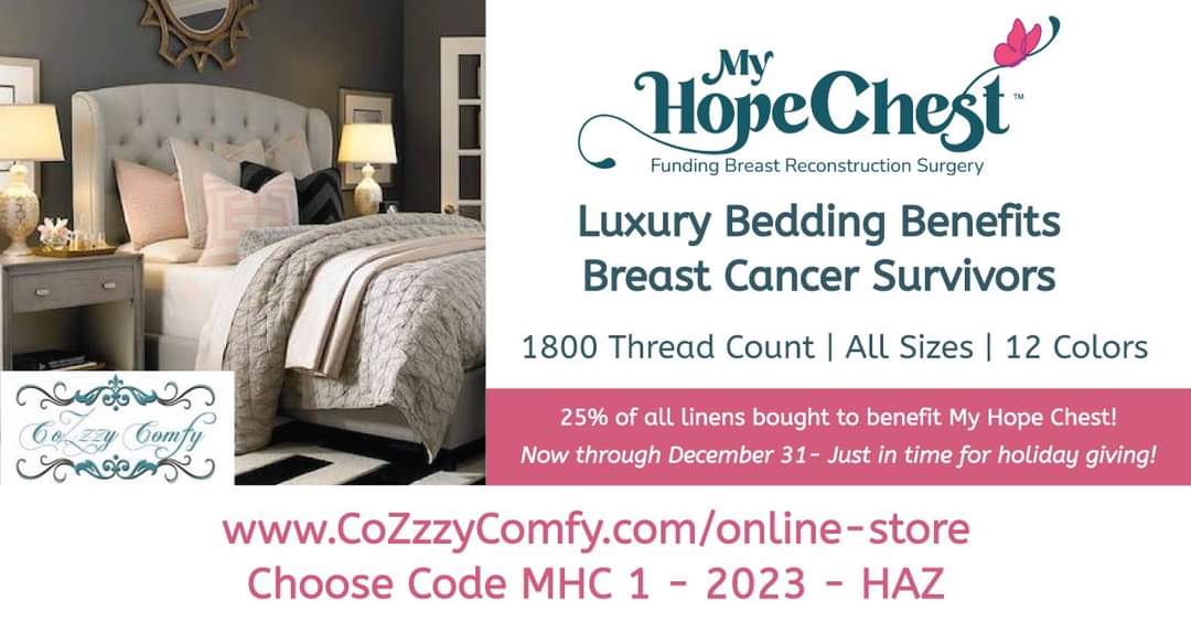 CoZzzy Comfy is gifting <a href="/MyHopeChest/">My Hope Chest</a> 25% of linens sold ($12.50 per set!) using code MHC 1 - 2023 - HAZ 
NOW through Dec. 31! 🥳
👉Check out these amazing linens here!: cozzzycomfy.com/online-store
