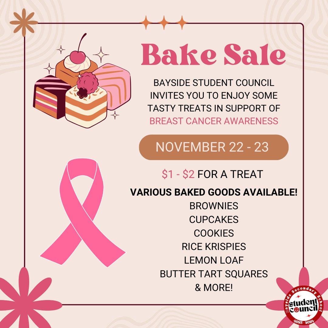 BSSstc's tweet photo. Make sure you bring $1-$2 on November 22–23 to buy a delicious dessert for Breast Cancer Awareness! https://t.co/eBhyuxKTuJ