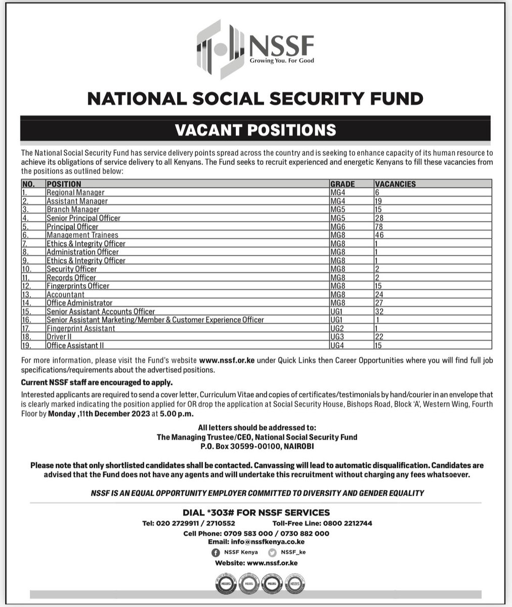 omwambaKE's tweet photo. BREAKING NEWS - NSSF! 
NSSF is hiring Over 330  positions in different fields;
1. Office Assistants
2. Security Officers
3. Fingerprint Assistant
4. Fingerprints Officers
5. Records Officers
6. Customer Experience Officer
7. Drivers
8. Management Trainees
9. Office Administrators
10. Accountants
11. Senior Assistant Accounts Officers
12. Administration Officer
13. Ethics & Integrity Officer
14. Regional Managers
15. Assistant Managers
16. Branch Managers
17. Senior Principal Officers
18. Principal Officers

Deadline : 11th December, 2023 

Apply using the link Below.

If you see this Repost for others to see