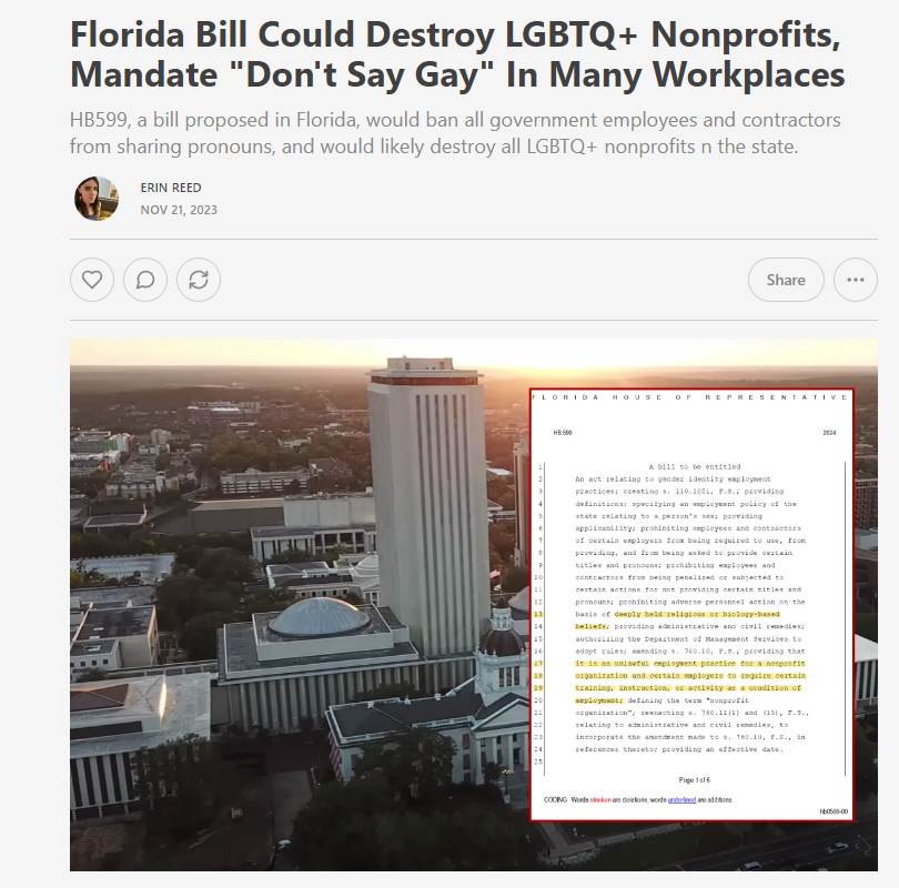 1. A new bill in Florida could destroy all LGBTQ+ organizations in the state, and expand 'Don't Say Gay' into many workplaces. It also protects 'deeply held biology based beliefs' and mandates 'biological' pronouns as state policy. Subscribe to support my work.