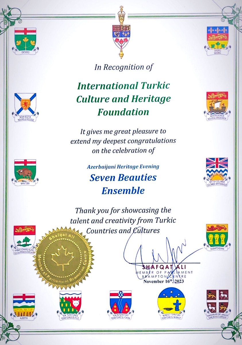 manafzadeturan's tweet photo. Diplomas of parliamentarians of Canada 🇨🇦 @shafqatalimp & @fsorbara were awarded to @_ITCHF for its activity in promotion of #Turkicvalues & #CulturalHeritage on a wide scale🌏 as well as for contribution to more vibrant society
Thank you! ❤️
#culturaldiplomacy
#sevenbeauties https://t.co/hLOWDZG4Md