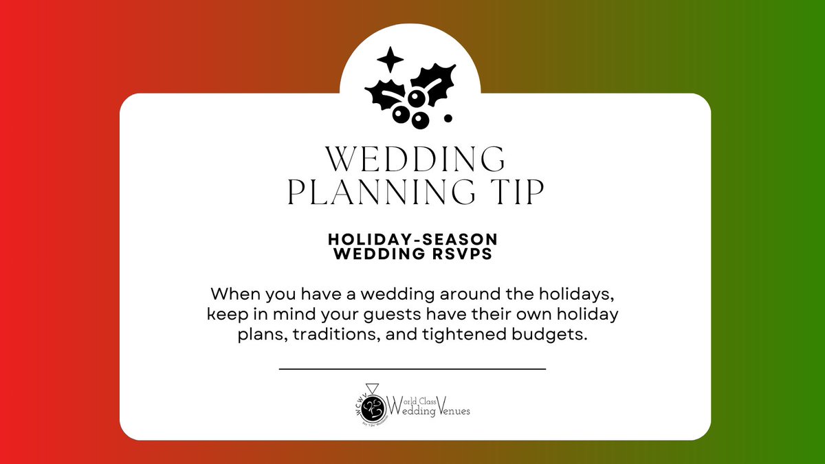 WCWeddingVenues's tweet photo. The challenge of a winter #wedding is getting everyone TO your wedding when they have their own holiday plans🎄 and schedules. 📆 You'll get more RSVPs if you schedule your big day well or after the holidays.

Visit our blog for more wedding tips 👇
https://t.co/o7BfmNyyfe https://t.co/7ITtqFv2AL