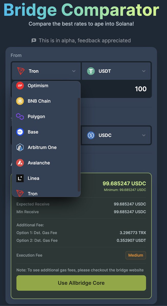 JupiterExchange's tweet photo. 1/ To make it easier to bring liquidity to the best chain in the ecosystem, we have added Linea, Base, Optimism, and Tron to our bridge comparator. Additionally, we have expanded the range of output tokens.

Check it out here: https://t.co/LILxhOwTQR https://t.co/8Y8899zGRU