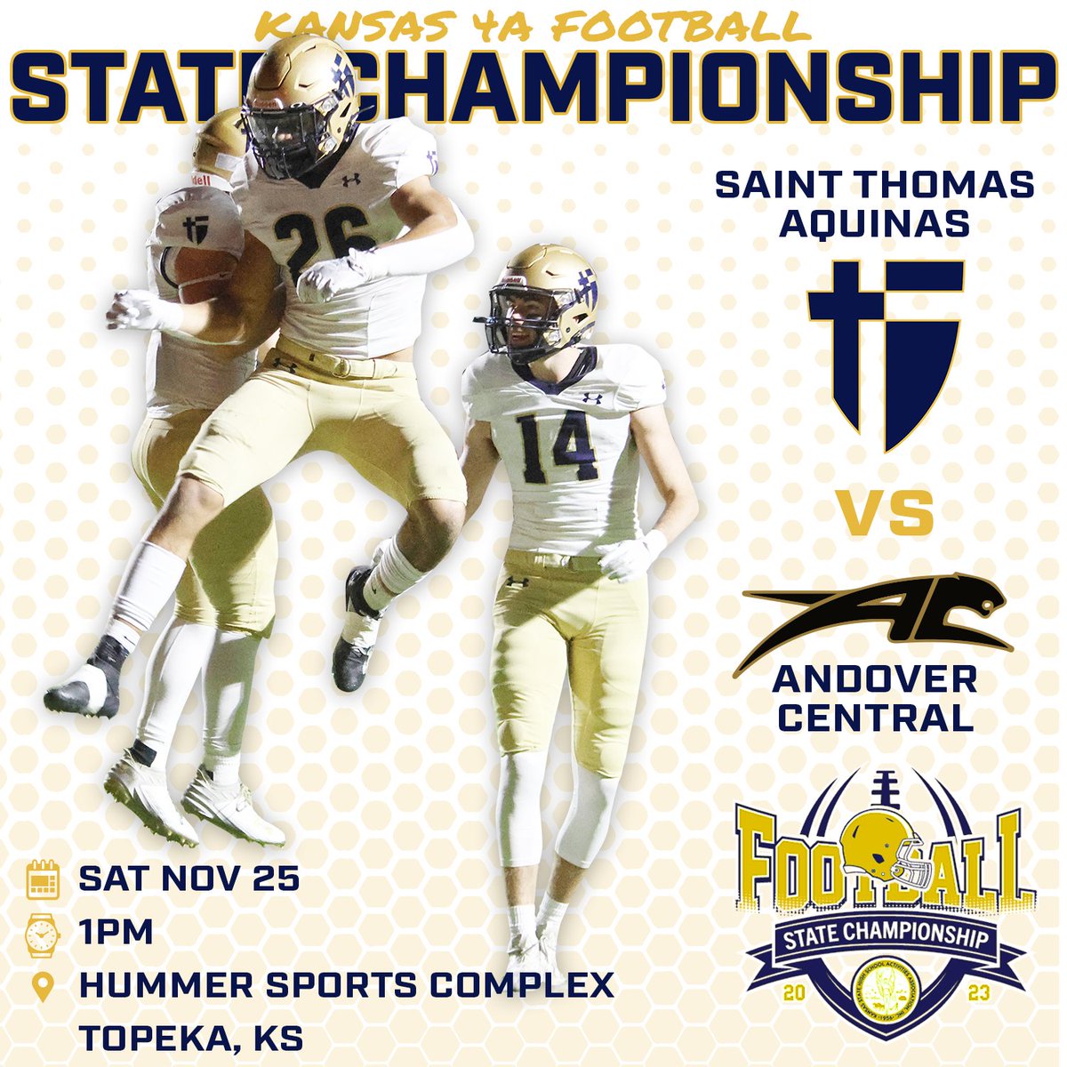 Saints Football will be playing for the Kansas 4A State Championship this weekend against Andover Central!  Once you recover from your Thanksgiving Day food coma, make the short road trip to Topeka to cheer on the Saints!

🎟️gofan.co/event/1165712?…
#stasaints #GoAquinasSaints