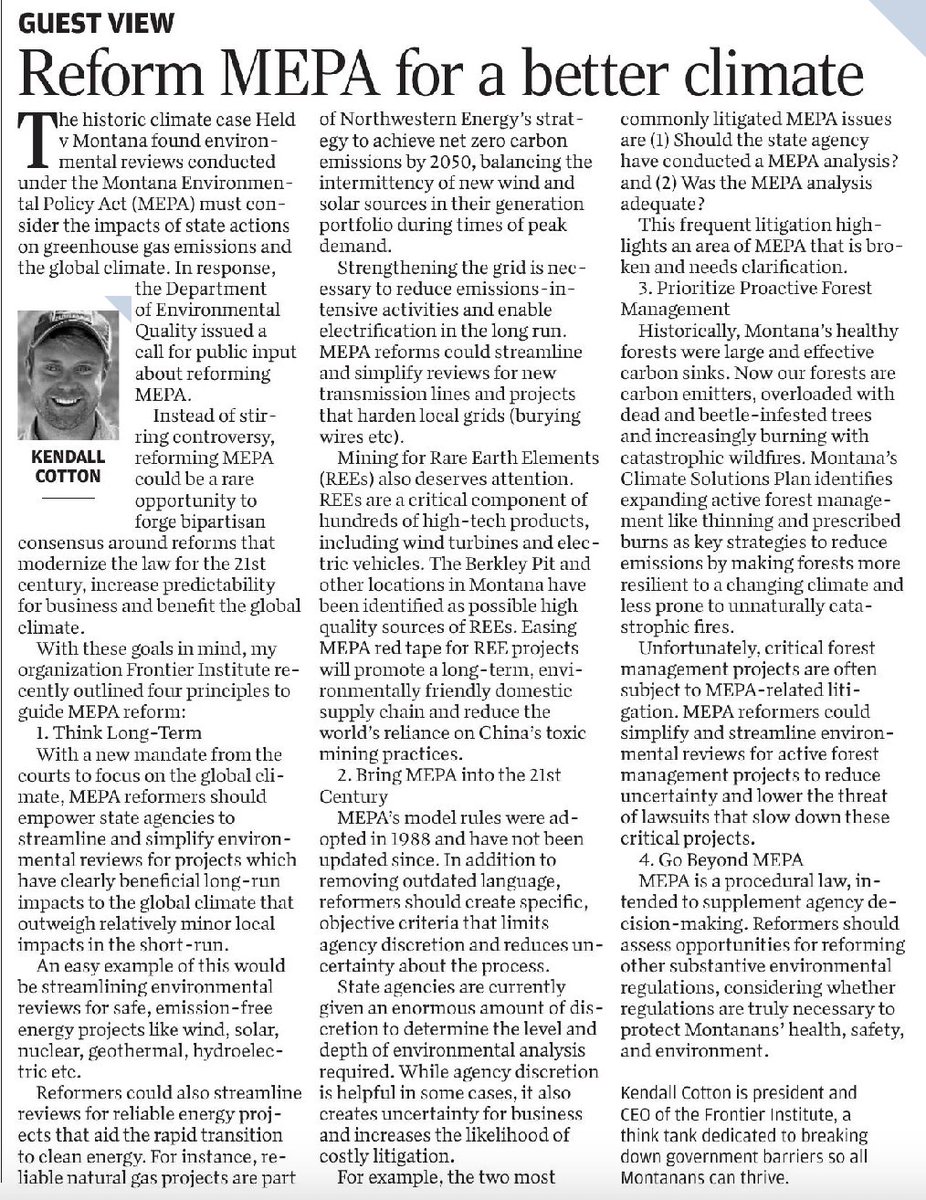 Cotton_MT's tweet photo. Reforming the Montana Environmental Policy Act could be a rare opportunity to forge bipartisan consensus around reforms that modernize the law for the 21st century, increase predictability for business AND benefit the global climate.

My latest for Lee Newspapers👇#mtpol https://t.co/rRDpqtiu5p