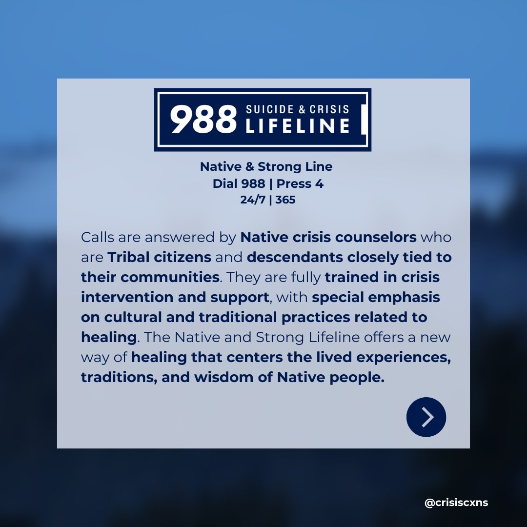 CrisisCXNs's tweet image. 988 Native &amp;amp; Strong Lifeline is available 24/7 - 365 for American Indian and Alaska Native people. 🧡

Dial 988 + press 4. 

Trained Native counselors provide support rooted in cultural traditions and practices related to healing. 🧡

#nativesupport #988