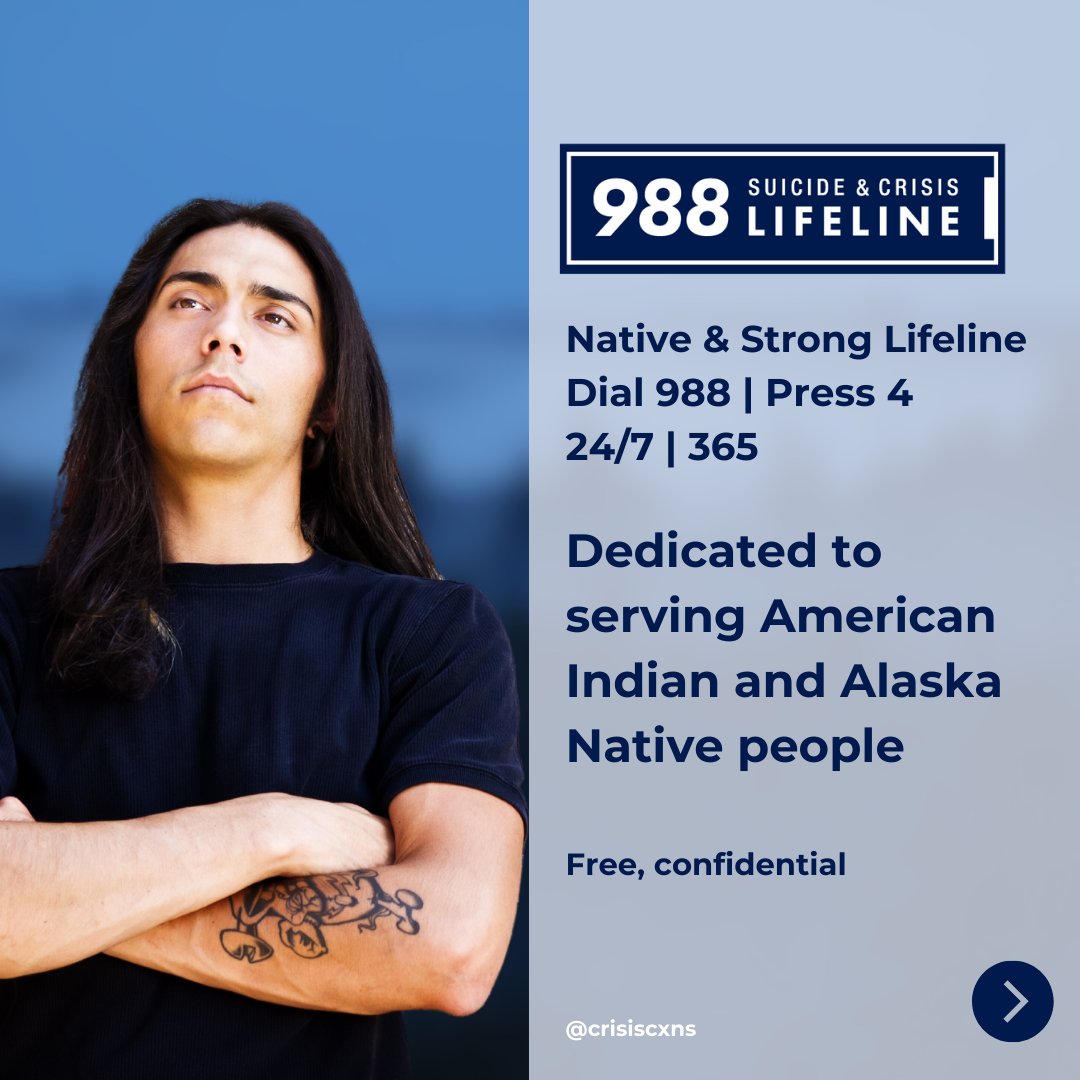 CrisisCXNs's tweet image. 988 Native &amp;amp; Strong Lifeline is available 24/7 - 365 for American Indian and Alaska Native people. 🧡

Dial 988 + press 4. 

Trained Native counselors provide support rooted in cultural traditions and practices related to healing. 🧡

#nativesupport #988
