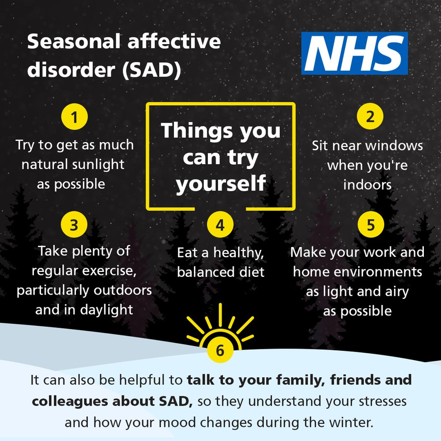 UHSFT's tweet photo. For some people, the shorter and darker days of winter 🌧️ can trigger seasonal affective disorder (SAD).

Here are some things you can try at home to help improve your symptoms. 👇 🌤️ 🏃‍♂️ 🍏 🪟  

Other treatments are available for SAD ➡️ https://t.co/30CKAb8nAG https://t.co/zuiI0oe64I
