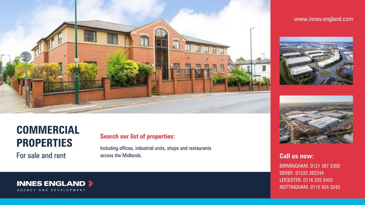 InnesEngland's tweet photo. FIND YOUR NEXT COMMERCIAL PROPERTY...  From offices and industrial units to shops and restaurants, search our list of properties to buy or rent now:  
https://t.co/cf9K3ZAYtA 

#InnesEngland #CommercialProperties #Offices #Acquisitions #Disposals #Lettings #Midlands https://t.co/vwoHm5prxG