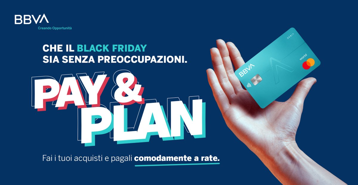 bbva_italia's tweet photo. Ci può essere qualcosa di meglio che comprare durante il Black Friday senza preoccupazioni? Certo che sì, perché poter pagare i tuoi acquisti a rate quando vuoi e ricevere in più un 10% di cashback, non è niente male. Diventa cliente BBVA e goditi tutti i vantaggi.

 #blackfriday https://t.co/s9VDm3FFcM