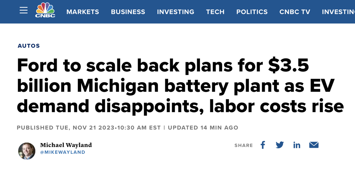 JunkScience's tweet photo. More EV troubles:

With consumer EV demand below expectations, Ford scales back EV battery plant plans. 800 jobs evaporate.

EVs are rapidly becoming a textbook case in the failure of government industrial policy.

https://t.co/cStvthmo5w https://t.co/w50iCsffqZ