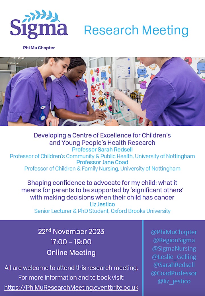 Sigma European Region (@regionsigma) on Twitter photo 📢 Join us tomorrow for the Sigma Research Meeting
<a href="/PhiMuChapter/">Phi Mu Chapter</a>.
Explore Children's Health Research Excellence and the role of 'significant others' in parental decisions during a child's cancer journey.
Register: bit.ly/3QvDZbs
<a href="/SarahRedsell/">Sarah Redsell</a> <a href="/CoadProfessor/">Professor Jane Coad RN FRCN</a> <a href="/lwestcott1/">Dr Liz Westcott</a> 📢 Join us tomorrow for the Sigma Research Meeting
<a href="/PhiMuChapter/">Phi Mu Chapter</a>.
Explore Children's Health Research Excellence and the role of 'significant others' in parental decisions during a child's cancer journey.
Register: bit.ly/3QvDZbs
<a href="/SarahRedsell/">Sarah Redsell</a> <a href="/CoadProfessor/">Professor Jane Coad RN FRCN</a> <a href="/lwestcott1/">Dr Liz Westcott</a>