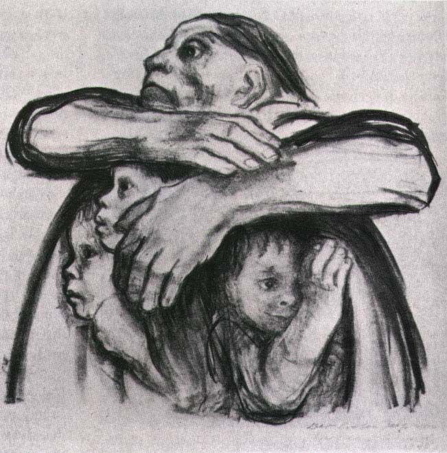 'Seed Corn Must Not Be Ground' final lithograph of Käthe Kollwitz, 1942, the artist lost her son and grandson to war and expressed her grief by creating artworks of mothers protecting their children from the horrors of conflicts #WomensArt