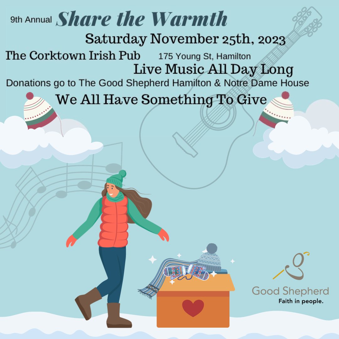Check out the 9th annual Share the Warmth event coming up this Saturday, November 25, at the Corktown Pub! The event runs from 1 pm - 6 pm and accepts warm clothing donations for Good Shepherd services.  🧤❄️